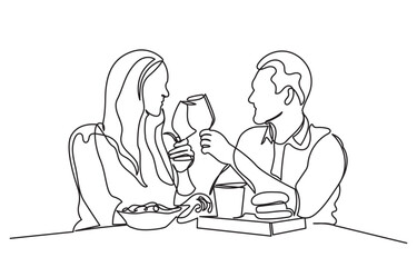 Continuous line drawing of a romantic couple in a restaurant having lunch. one line couple dining in the restaurant vector illustration. Lifestyle, love, relationships, food concept.