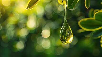 close-up of dripping olive essential oil. Selective focus