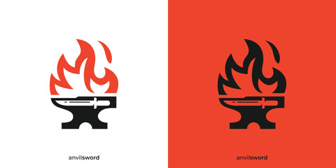 Blacksmith Fire Logo. Anvil and Fire Sword Icon Graphic. Welding and Forge Service Logo Design Template.
