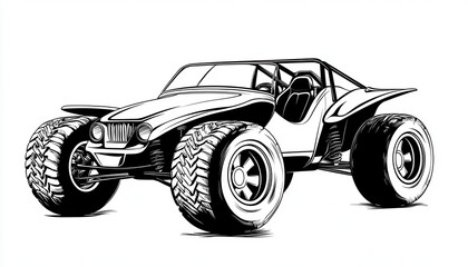 A monochrome illustration of a rugged off-road buggy. Ideal for automotive logos, apparel prints, or adventure-themed designs.