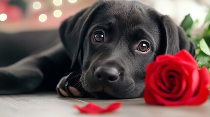 Sweet black Labrador puppy sitting beside fresh red roses.