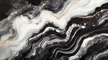 Obraz premium Beautiful flowing black and white liquid patterns with soft white particle highlights