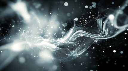 Abstract liquid swirls in black and white accented by luminous white particles for texture