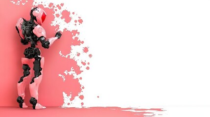 Naklejka premium Whimsical Pink and Black Robot Posed Elegantly Against a Vibrant Pink Wall Creating an Engaging and Playful Atmosphere in a Modern Artistic Setting