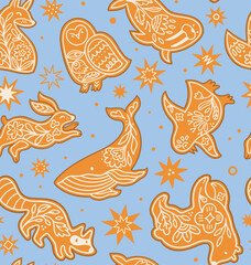 Ginger cookies, Sweet animals isolated on blue
