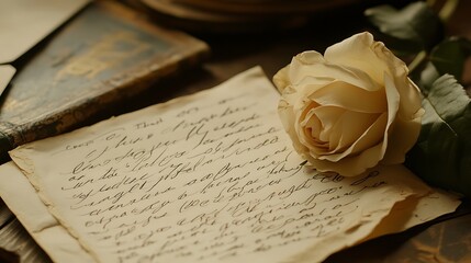 Close-up of a handwritten love letter with a rose resting on top