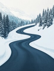 A winding road through a serene winter landscape lined with snow-covered trees creating a peaceful and scenic view.