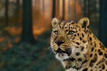 Amur Leopard in a Forest Setting at Sunset