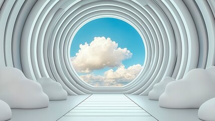 High-Quality 3D Scene Depicting a Futuristic Transport Environment with Curved Architectural Elements and Soft Cloud Formation Beneath a Bright Sky