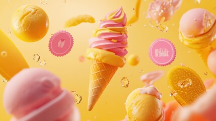 A creative summer discount design featuring bright yellow and pink colors with floating ice cream and discount badges.
