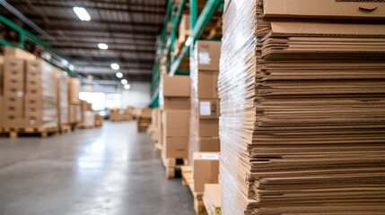 Fototapeta premium Stacks of cardboard boxes ready for shipment in a warehouse with organized shelving units