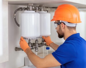 A worker installs industrial equipment, wearing safety gear in a modern facility.