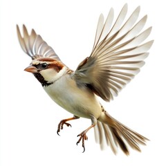 Obraz premium A bird in mid-flight, showcasing its wings and plumage against a white background.