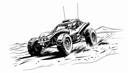 A dynamic black and white illustration of a rugged off-road buggy speeding across a desert landscape. Ideal for automotive, adventure, or racing-themed designs.