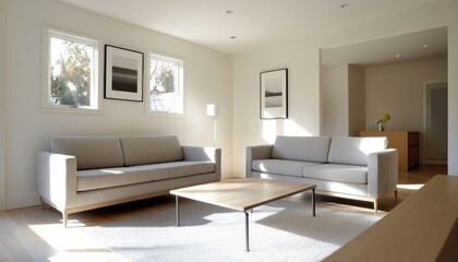 Fototapeta premium Modern Minimalist Living Room Interior Design Sunlight Two Couches