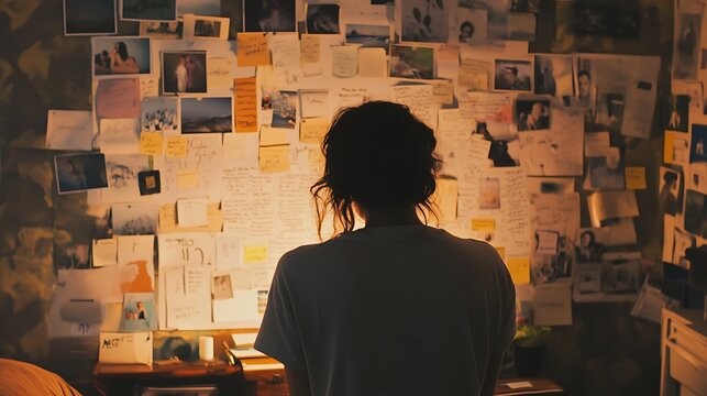 A young adult staring at a vision board on the wall, planning their career and personal goals with sticky notes and photos