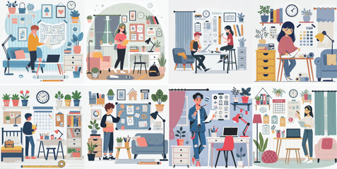 Vector set of a teenager planning a room decoration with a simple flat design style.