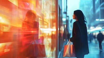 Woman Gazing at Vibrant City Shop Window Display
