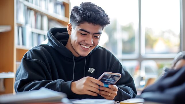 A young person smiling while looking at a goal-setting app on their phone, sitting in a bright, cozy study space