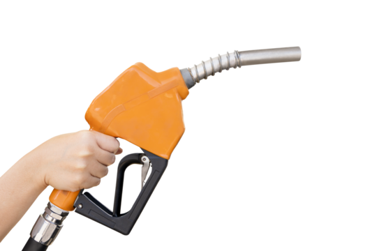 Hand with fuel gun and pouring gasoline or diesel. Backdrop with selective focus and copy space.