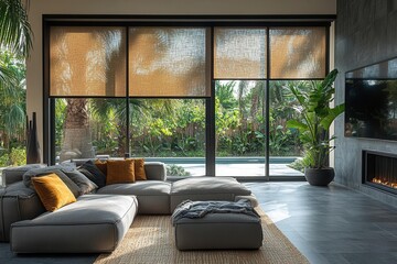 modern living room filled with natural light featuring automatic solar shades and roller blinds complemented by contemporary furniture and palm trees exuding comfort and relaxation