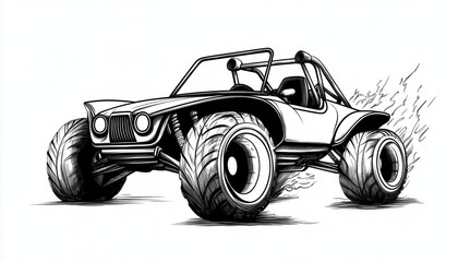 A dynamic black and white illustration of a dune buggy speeding across sandy terrain. Ideal for automotive logos, off-road apparel, and adventure-themed designs.