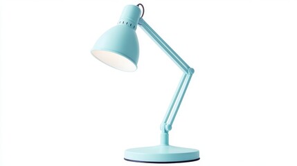Pastel Blue Desk Lamp Illuminates Workspace Against White Background.