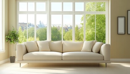 Modern Living Room Sofa Large Window City View Sunlight