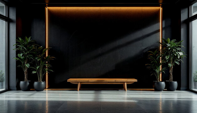Modern Minimalist Interior Design with a Wooden Bench and Plants