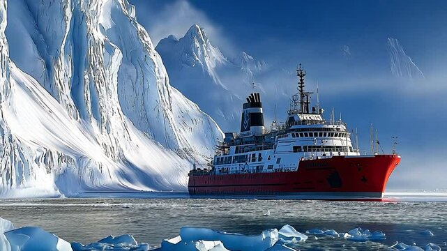 An isolated research outpost surrounded by icebergs, representing tenacity and discovery, is approached by the icebreaker.