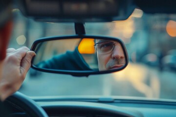Driver adjusting the rearview mirror