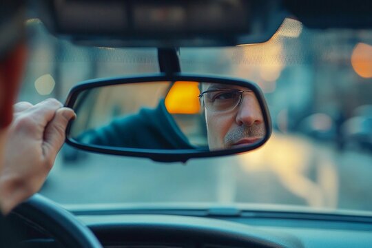 Driver adjusting the rearview mirror