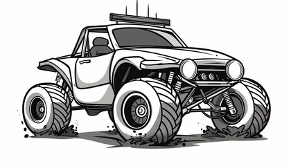 A monochrome off-road buggy splashes through mud. Ideal for automotive, adventure, or motorsport designs.