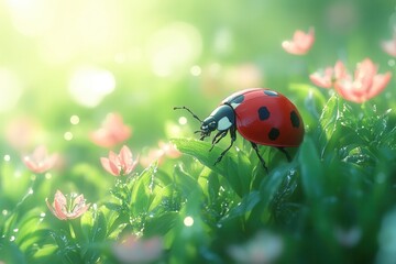 morning light illuminates a delicate ladybug perched on a green paddy plant captured in macro lens photography highlighting its vibrant colors and intricate details