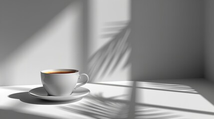 Obraz premium A simple image of an espresso cup resting on a white table under a gentle shadow that highlights simplicity, Generative AI.