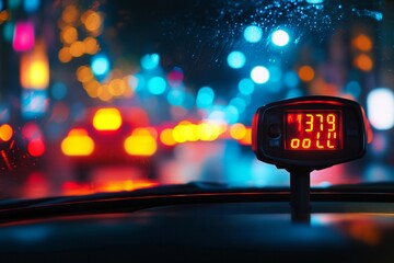 Close-up of a taxi meter displaying the fare during a ride through the city