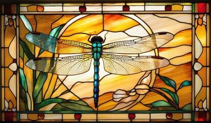 A vibrant stained glass dragonfly with iridescent wings, poised against a backdrop of a colorful sunset.