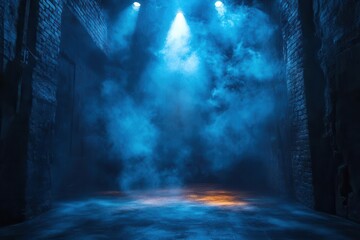 mysterious atmospheric space with a spotlight illuminating an empty stage creating a dramatic interplay of light and shadows enhanced by swirling mist for an enigmatic ambiance