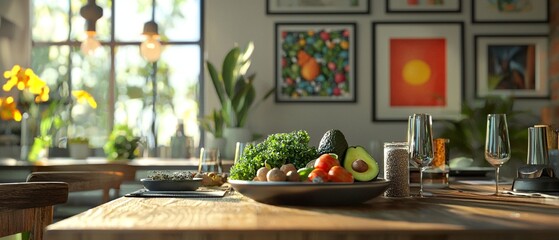 A vibrant kitchen scene featuring fresh vegetables, fruits, and drinks on wooden table, surrounded by plants and colorful artwork