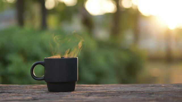 Hot coffee mug with steaming espresso outdoor setting nature concept slow motion warm drink experience captivating atmosphere