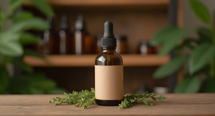 Amber Glass Dropper Bottle with Blank Label on Wooden Table