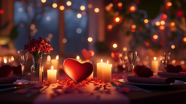 Romantic dinner scene with candles and heart-shaped table settings