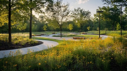 Obraz premium Serene Park Landscape with Wildflowers and Benches at Sunset