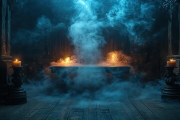 mysterious wooden table shrouded in smoke setting the perfect ambiance for a spooky halloween party with dim lighting enhancing the dramatic effect
