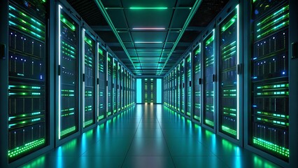 Obraz premium Futuristic Server Room with Green and Blue Neon Glow for AI-Driven Cloud Computing and Networking 