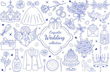 Wedding set coquette La dolce vita sketch style. Hand drawn collection Save the date. Romantic, love valentine's day. Wine or champagne, dessert, cake for wedding invitations and parties. Vector