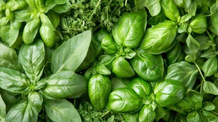 Close-up view of fresh green herbs featuring vibrant basil, parsley, and mint leaves with natural textures and details, perfect for healthy cooking, organic gardening, and culinary herb illustrations