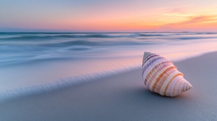 An empty sandy beach with a single seashell placed near the center, with gentle waves and a soft pastel-colored sunset sky in the background. 