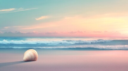 An empty sandy beach with a single seashell placed near the center, with gentle waves and a soft pastel-colored sunset sky in the background.