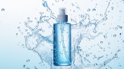 A hydrating mist bottle surrounded by dynamic clear liquid splashes on a gradient white-to-blue background.